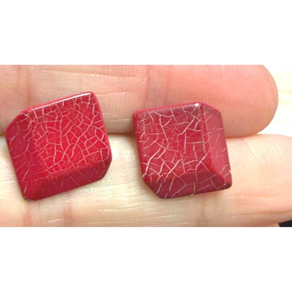 Red‎ Crackle Geometric Square Stud Earrings Vintage Style Retro Statement Post